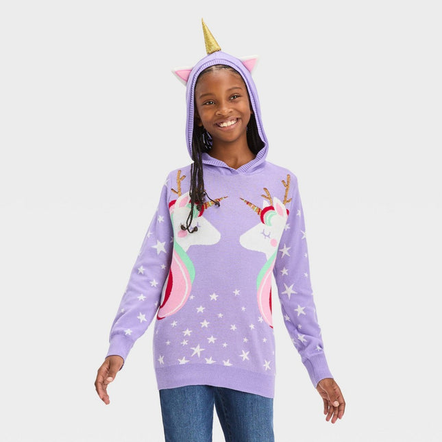 Girls' Unicorn Holiday Hooded Sweater - Purple XL