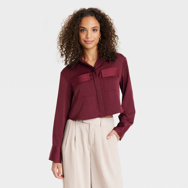 Women's Long Sleeve Button-Down Shirt - A New Day™ Burgundy L