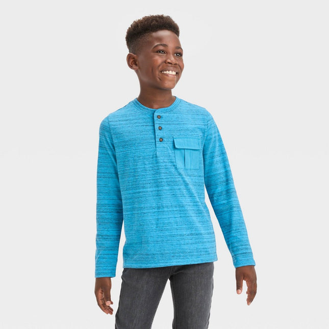 Boys' Long Sleeve Pocket Henley Shirt - Cat & Jack™ Blue XS