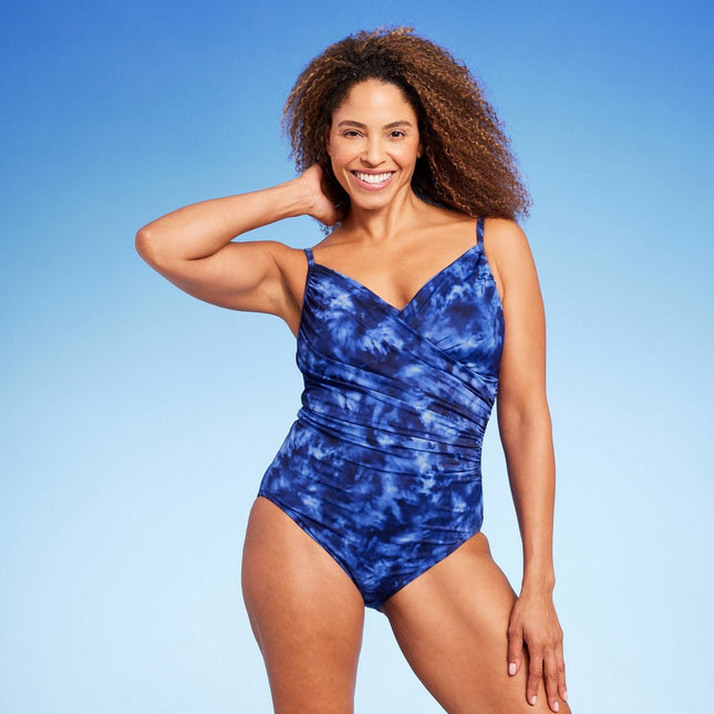 Women's UPF 50 Twist-Front Over the Shoulder One Piece Swimsuit - Aqua Green® Blue L