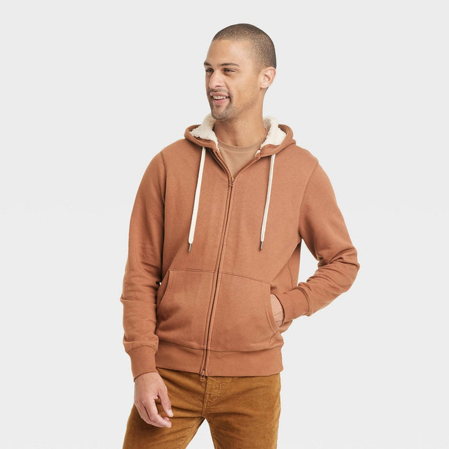 Men's High-Pile Fleece Lined Hooded Zip-Up Sweatshirt - Goodfellow & Co™ Brown M