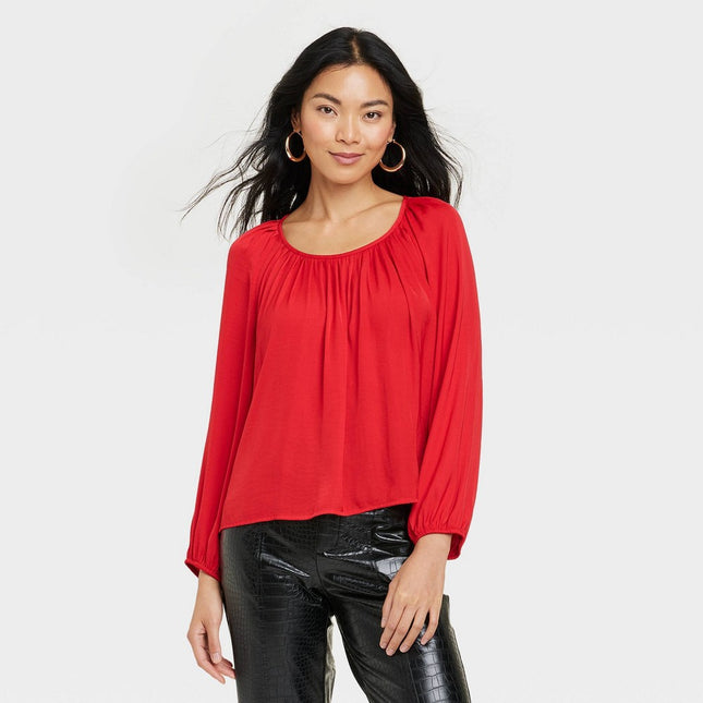 Women's Balloon Long Sleeve Femme Popover Shirt - A New Day™ Red XL