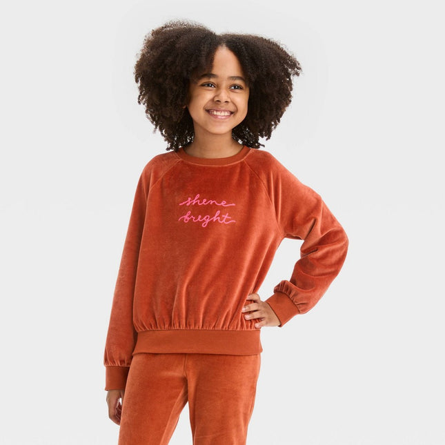 Girls' Crew Neck Velour Pullover Sweatshirt - Cat & Jack™ Chestnut Brown S