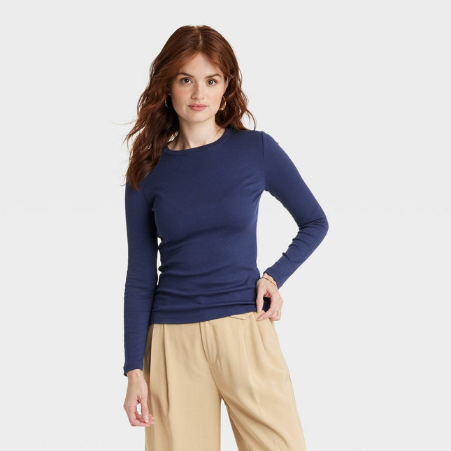 Women's Long Sleeve Slim Fit Crewneck T-Shirt - A New Day™ Navy Blue L