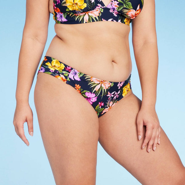 Women's Tropical Print Side-Tab Medium Coverage Hipster Bikini Bottom - Kona Sol™ Navy Blue S