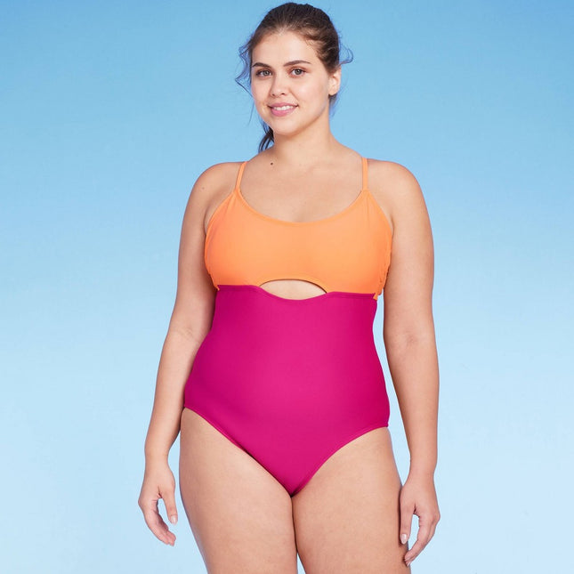 Women's Cut Out Colorblock Medium Coverage One Piece Swimsuit - Kona Sol™ Orange/Pink L