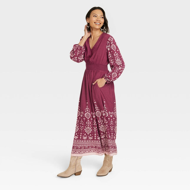 Women's Long Sleeve Smocked Maxi Dress - Knox Rose™ Purple Floral XS