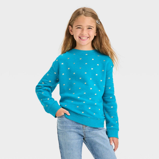 Girls' Crewneck 'Foil Bow' Fleece Pullover Sweatshirt - Cat & Jack™ Teal Blue XS