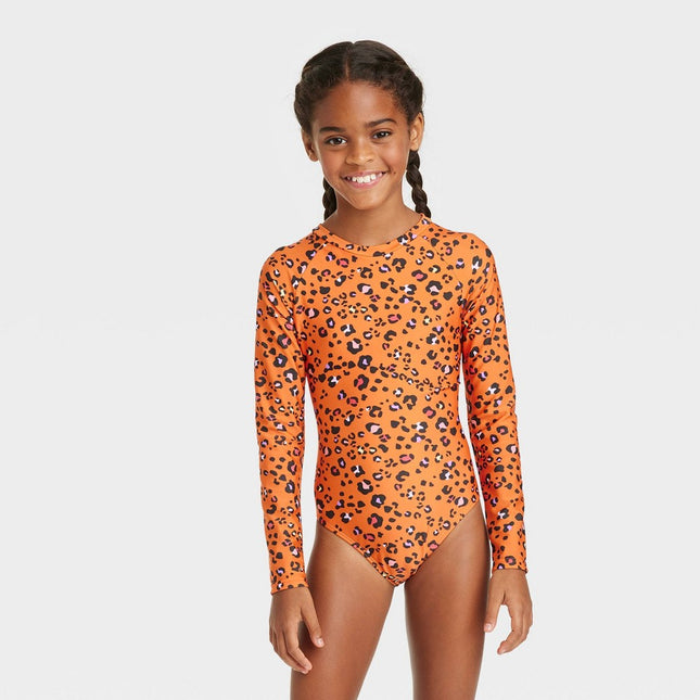 Girls' Spots of fun Long Sleeve One Piece Rash Guard Swimsuit - Cat & Jack™️ Orange M