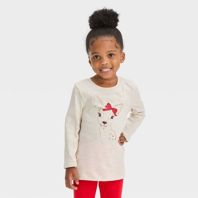 Toddler Girls' Deer Long Sleeve T-Shirt - Cat & Jack™ Heather Beige 