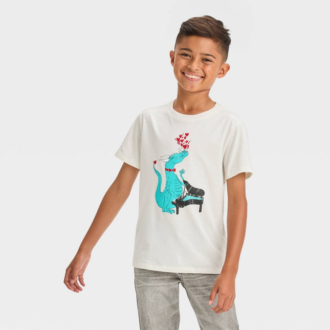 Boys' Short Sleeve Valentine's Day Dragon Playing Piano Graphic T-Shirt - Cat & Jack™ Cream L