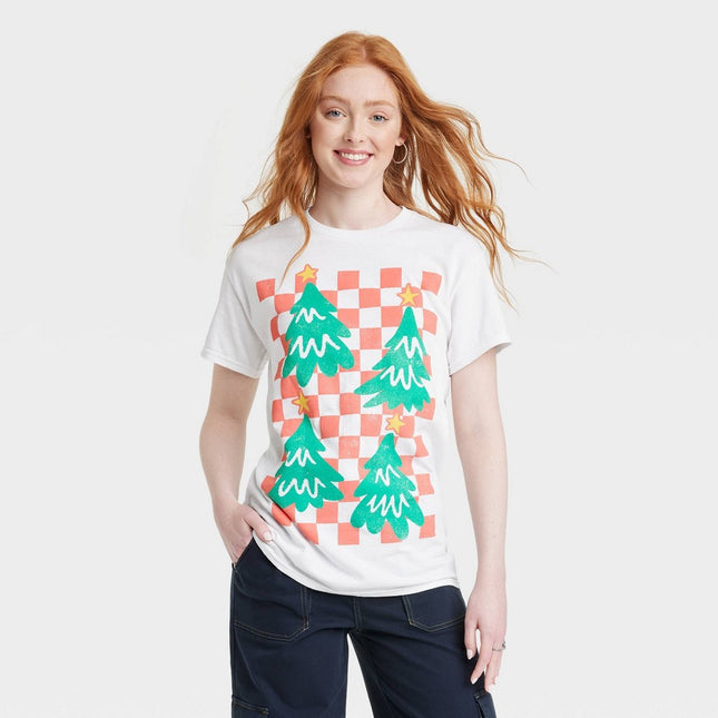 Women's Holiday Checker Short Sleeve Graphic T-Shirt - White M