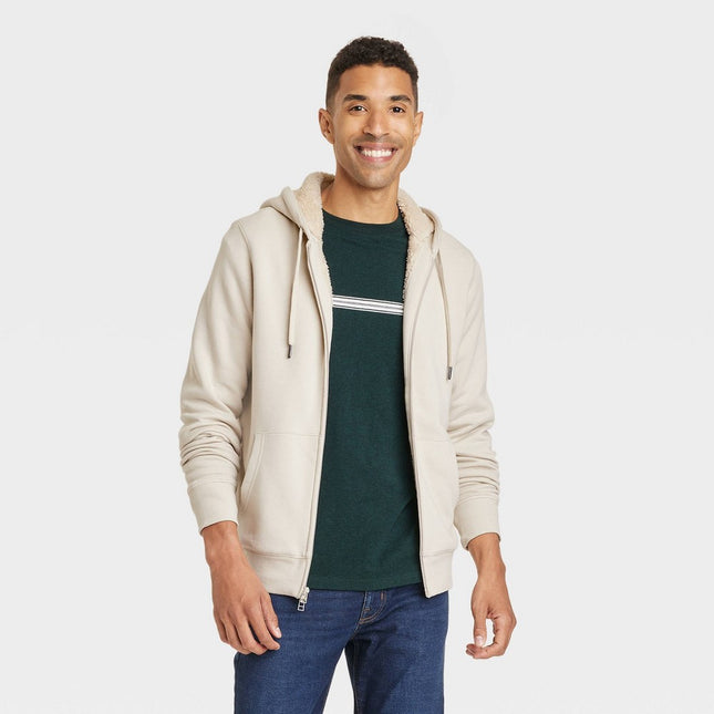 Men's High-Pile Fleece Lined Hooded Zip-Up Sweatshirt - Goodfellow & Co™ Beige L